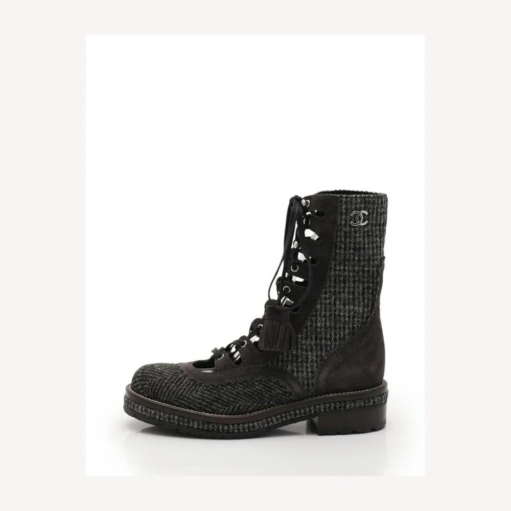 Chanel Size 36 CC Logo Tweed Combat Boots 40cz413s